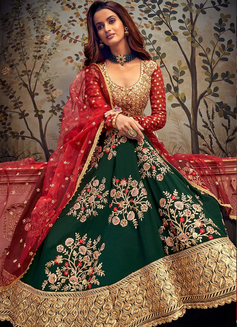 Green And Red Embroidered Anarkali Suit