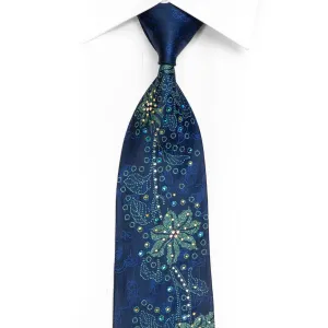 Green Floral On Blue Rhinestone Silk Necktie With Sarjkles