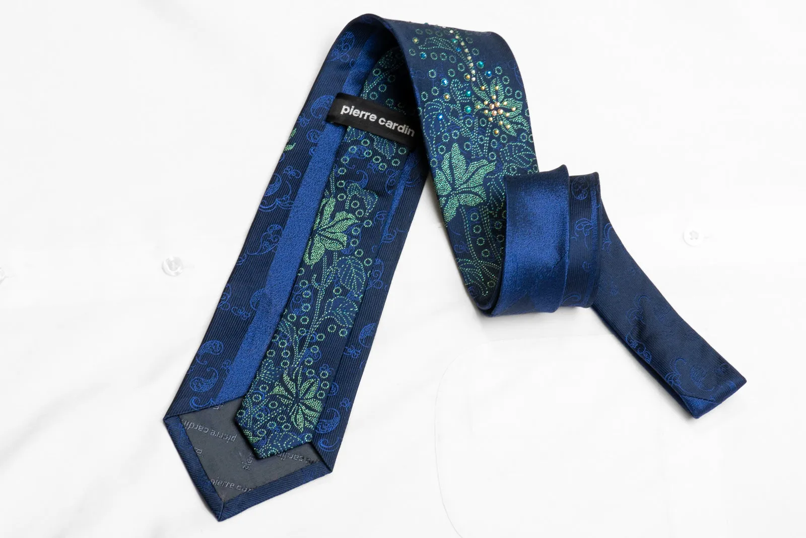 Green Floral On Blue Rhinestone Silk Necktie With Sarjkles