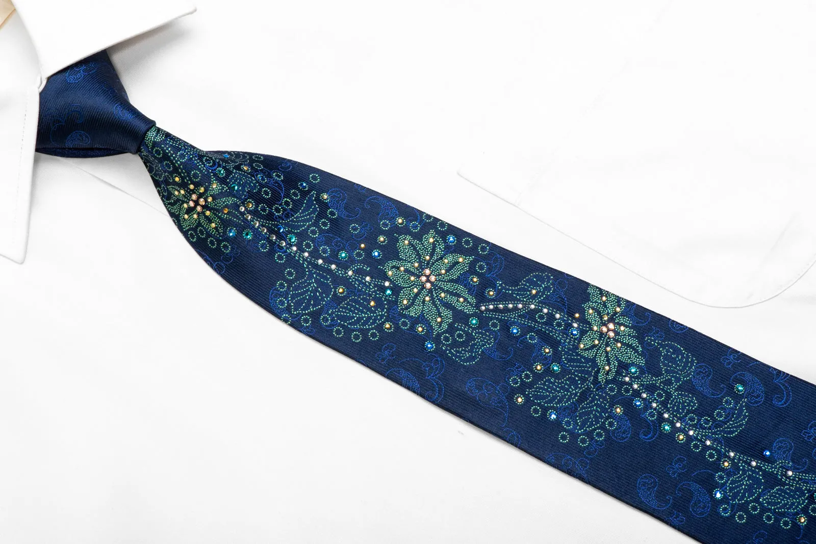 Green Floral On Blue Rhinestone Silk Necktie With Sarjkles