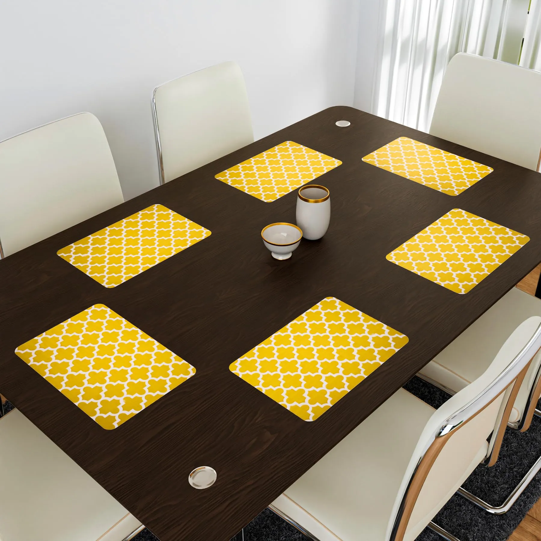 Heart Home Placemat | Placemats for Dining Room | Anti-Slip Table Mat Set | Placemats for Kitchen Table | Dining Table Placemats | Hexagon-Design Placemat | 6 Piece Set | Yellow