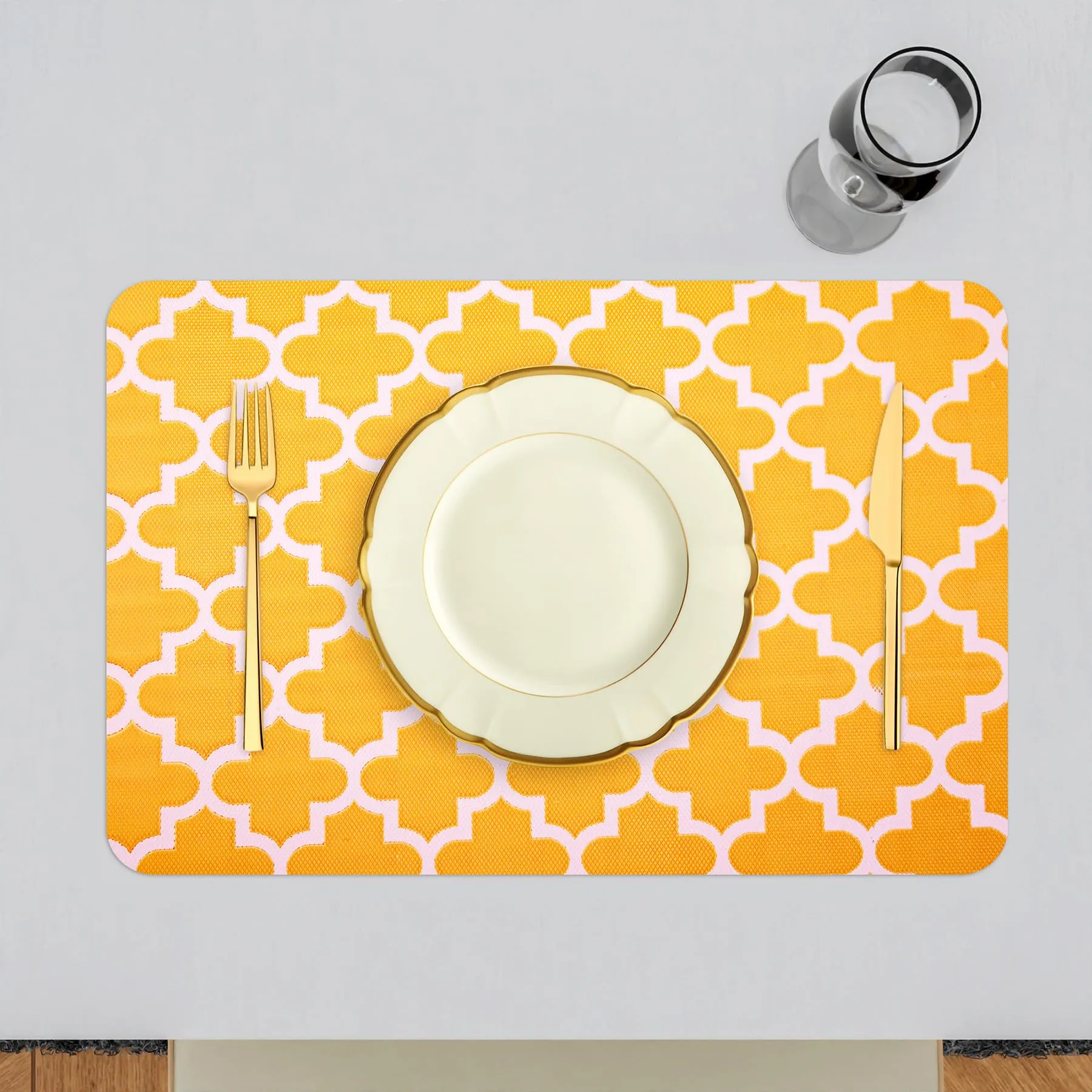 Heart Home Placemat | Placemats for Dining Room | Anti-Slip Table Mat Set | Placemats for Kitchen Table | Dining Table Placemats | Hexagon-Design Placemat | 6 Piece Set | Yellow