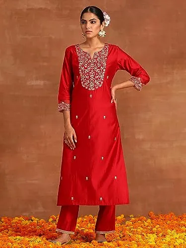 INDO ERA Women's Red Embroidered Straight Kurta Palazzo with Dupatta Set (IEOUT4697_XX-Large)