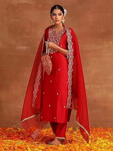 INDO ERA Women's Red Embroidered Straight Kurta Palazzo with Dupatta Set (IEOUT4697_XX-Large)