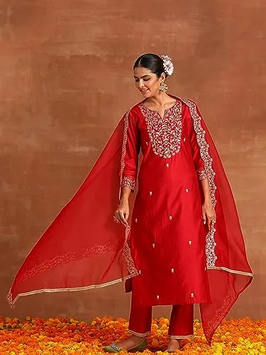 INDO ERA Women's Red Embroidered Straight Kurta Palazzo with Dupatta Set (IEOUT4697_XX-Large)