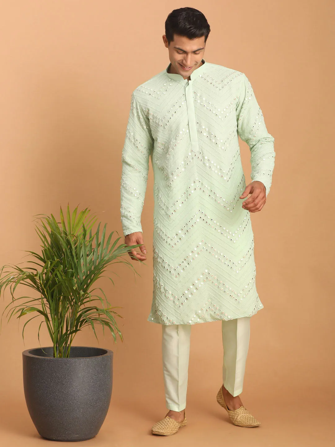 Jashvi Men's Mint Green Mirror Kurta Pant Set