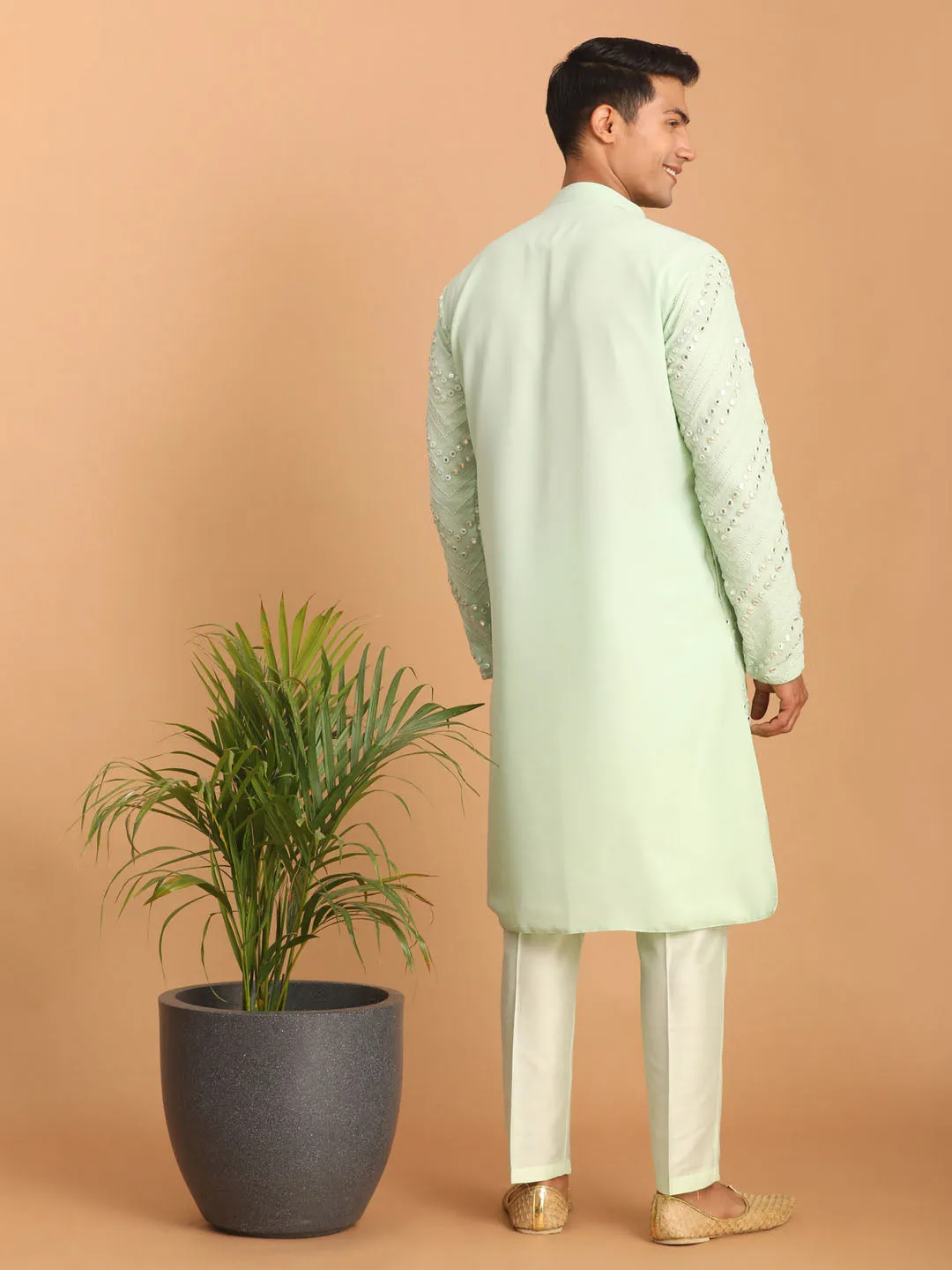 Jashvi Men's Mint Green Mirror Kurta Pant Set