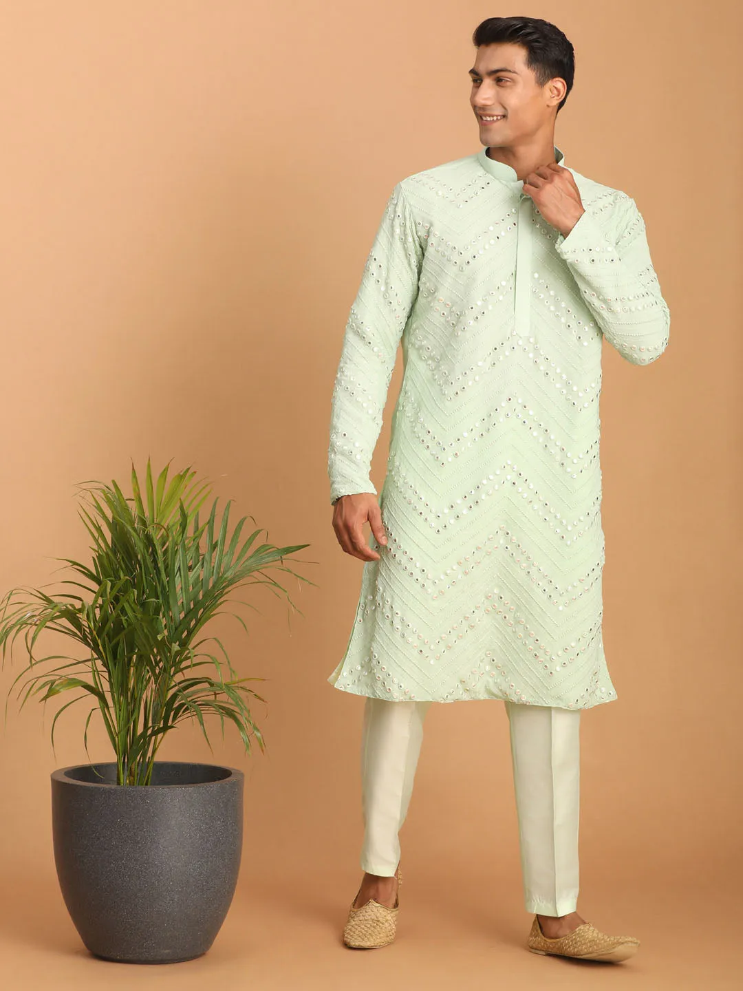 Jashvi Men's Mint Green Mirror Kurta Pant Set