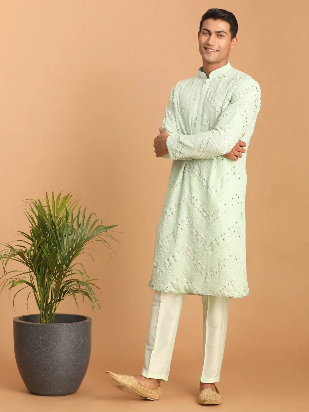 Jashvi Men's Mint Green Mirror Kurta Pant Set