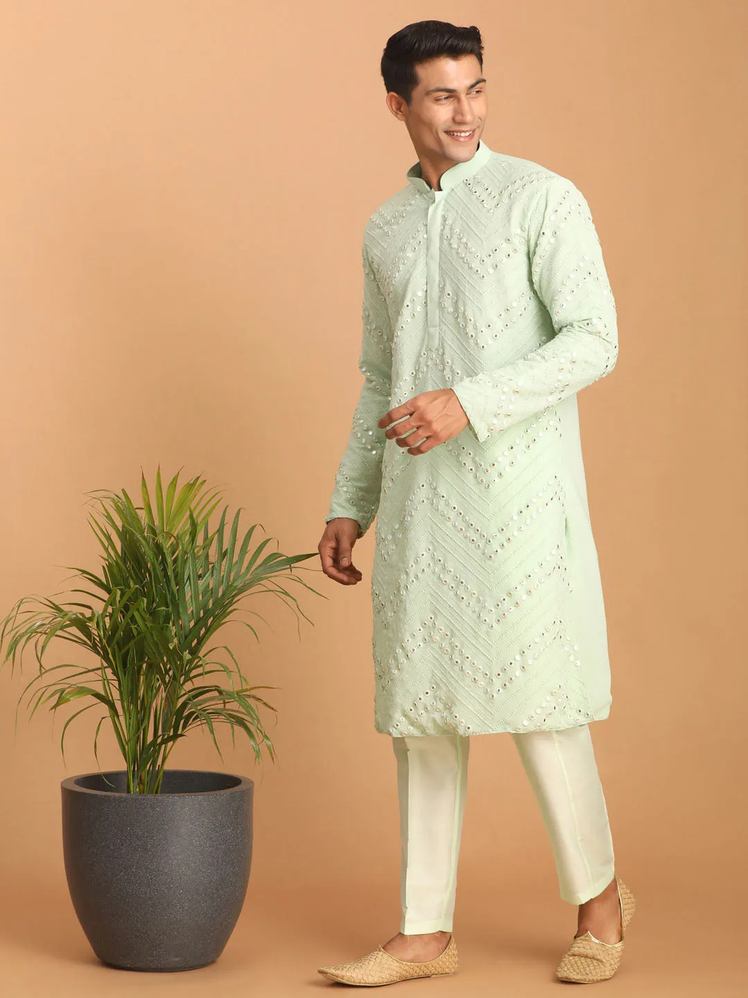 Jashvi Men's Mint Green Mirror Kurta Pant Set