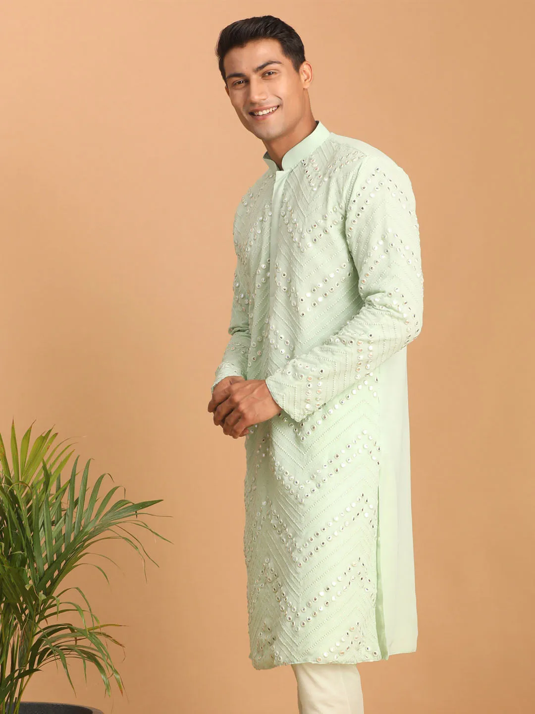 Jashvi Men's Mint Green Mirror Kurta