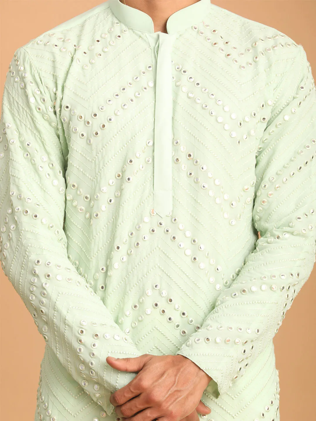 Jashvi Men's Mint Green Mirror Kurta