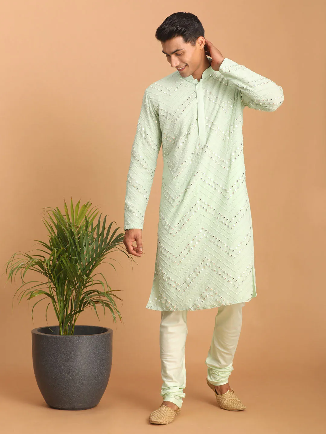 Jashvi Men's Mint Green Mirror Kurta