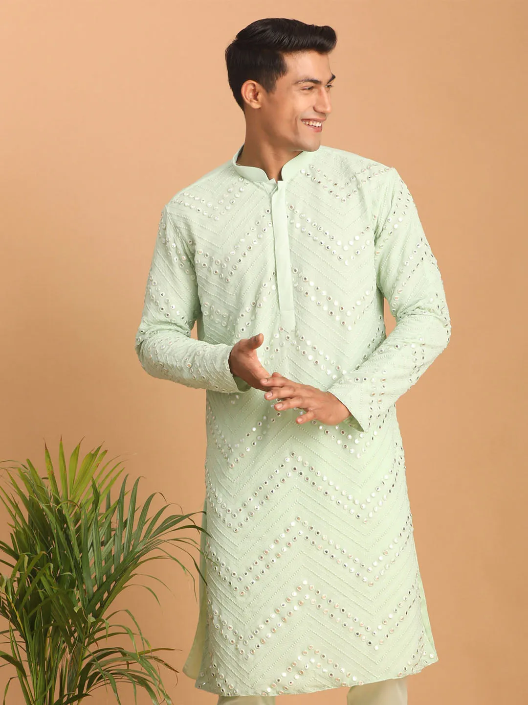 Jashvi Men's Mint Green Mirror Kurta