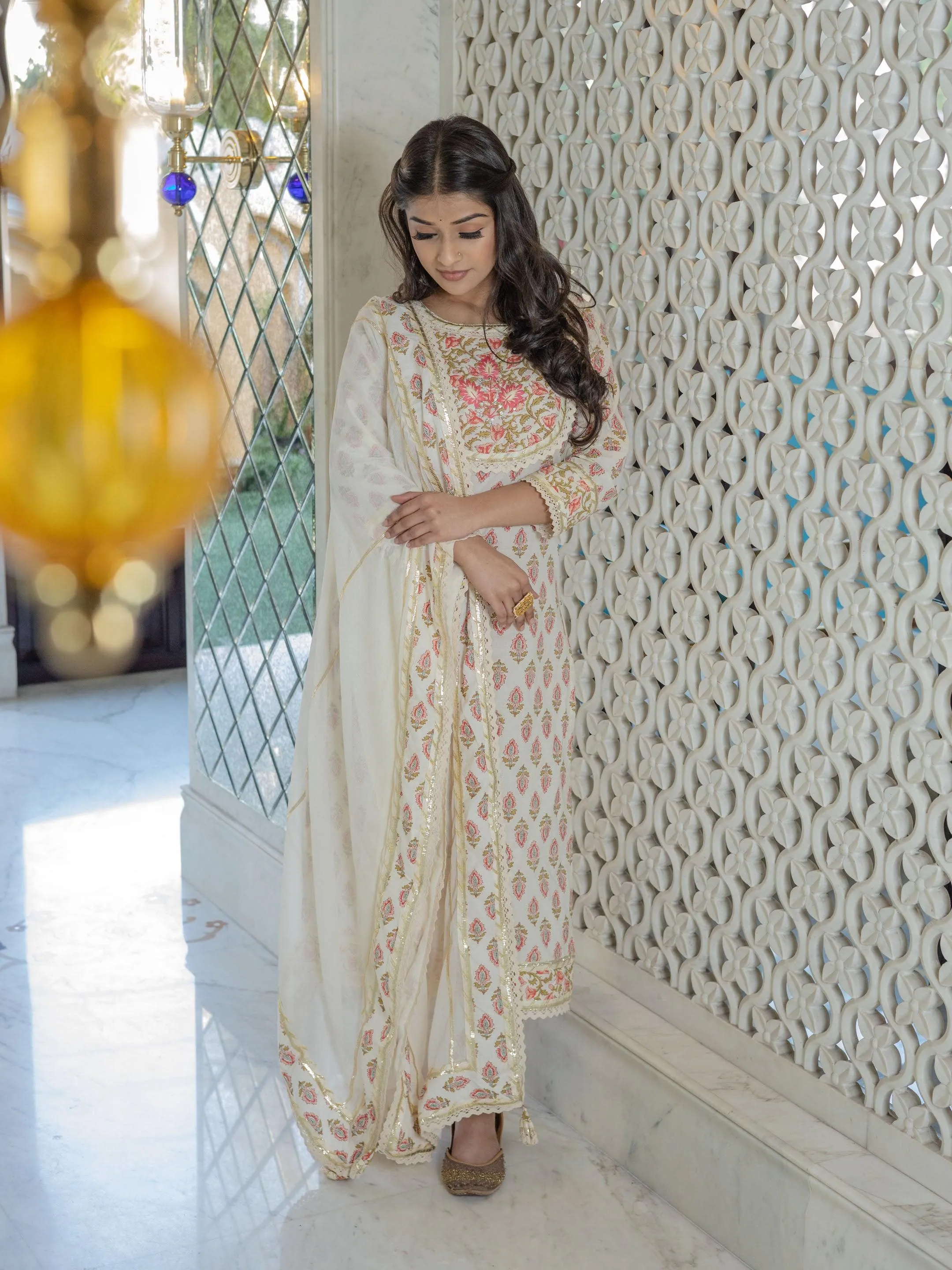 Jashvi Off white Cotton Straight Kurta Pant set with Dupatta