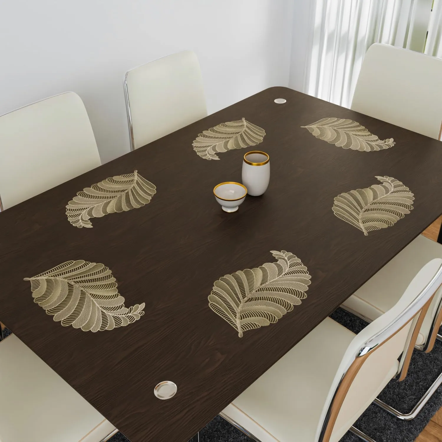 Kuber Industries Placemat | Placemats for Dining Room | Designer Table Mat Set | Placemats for Kitchen Table | Side Table Placemats | Leaf Shape Placemat | 6 Piece Set | Golden