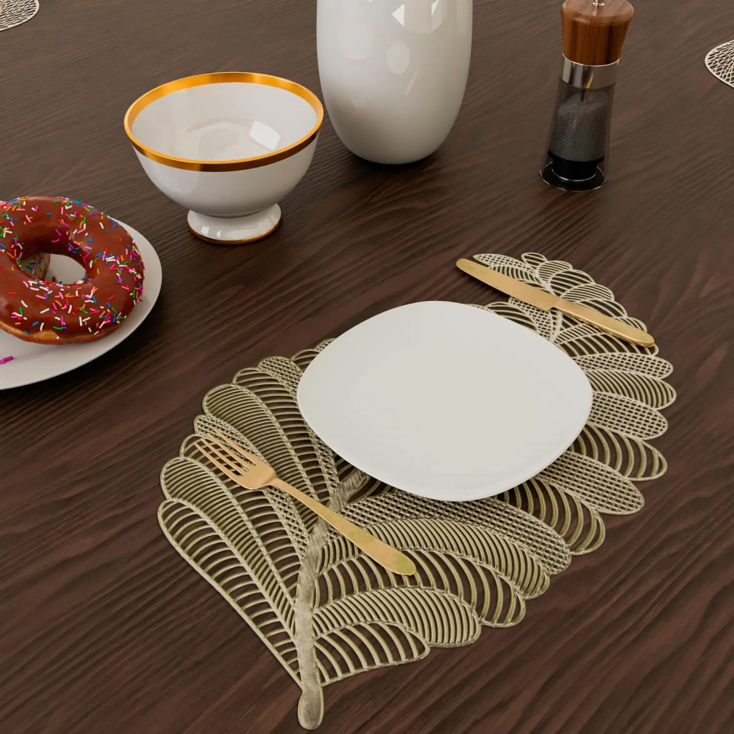 Kuber Industries Placemat | Placemats for Dining Room | Designer Table Mat Set | Placemats for Kitchen Table | Side Table Placemats | Leaf Shape Placemat | 6 Piece Set | Golden