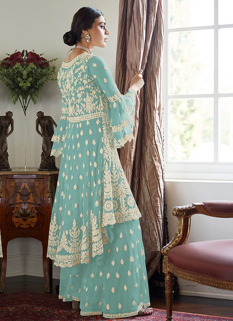 Light Blue Multi Embroidered Designer Sharara Suit