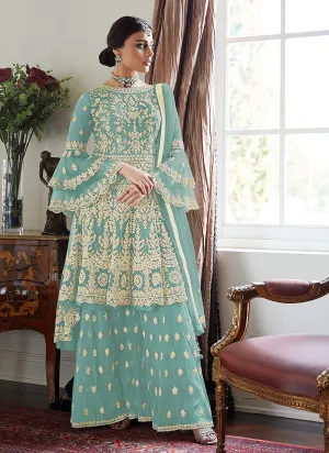 Light Blue Multi Embroidered Designer Sharara Suit