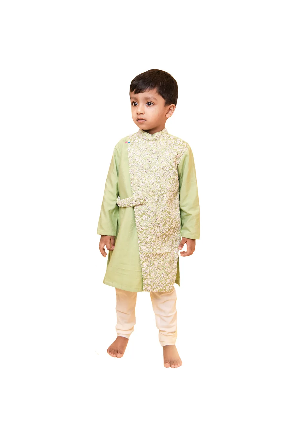 Light green floral embroidered kurta and white churidar