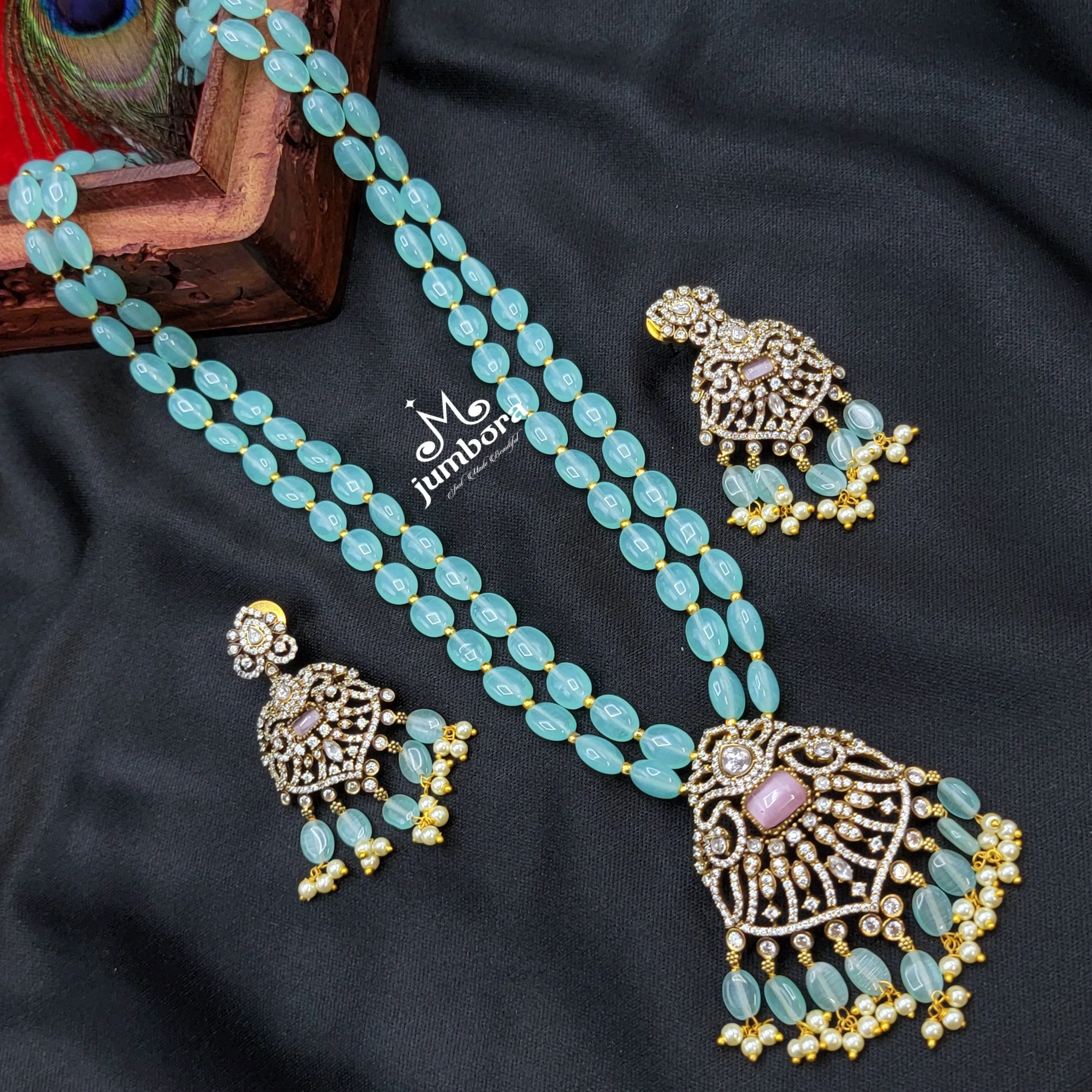 Long AD Zircon Victorian Pendant with Mint Green Monalisa Beads Necklace Set