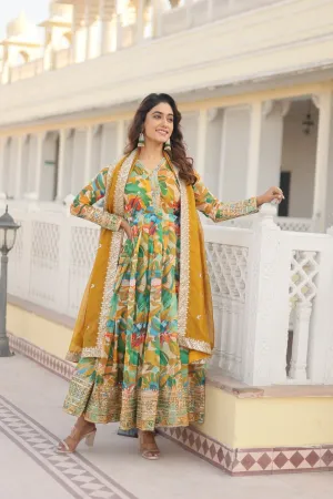 Luxurious Green Readymade Gown with Embroidered Dupatta Set