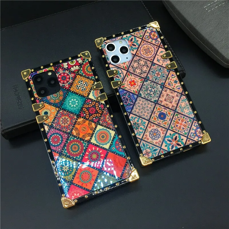 Luxury Glitter Retro Flower Cover Case for iPhone 12 PRO Max 13 PRO XS X XR Soft Square Case for iphone 14 PRO MAX 6 7 8 14 Plus