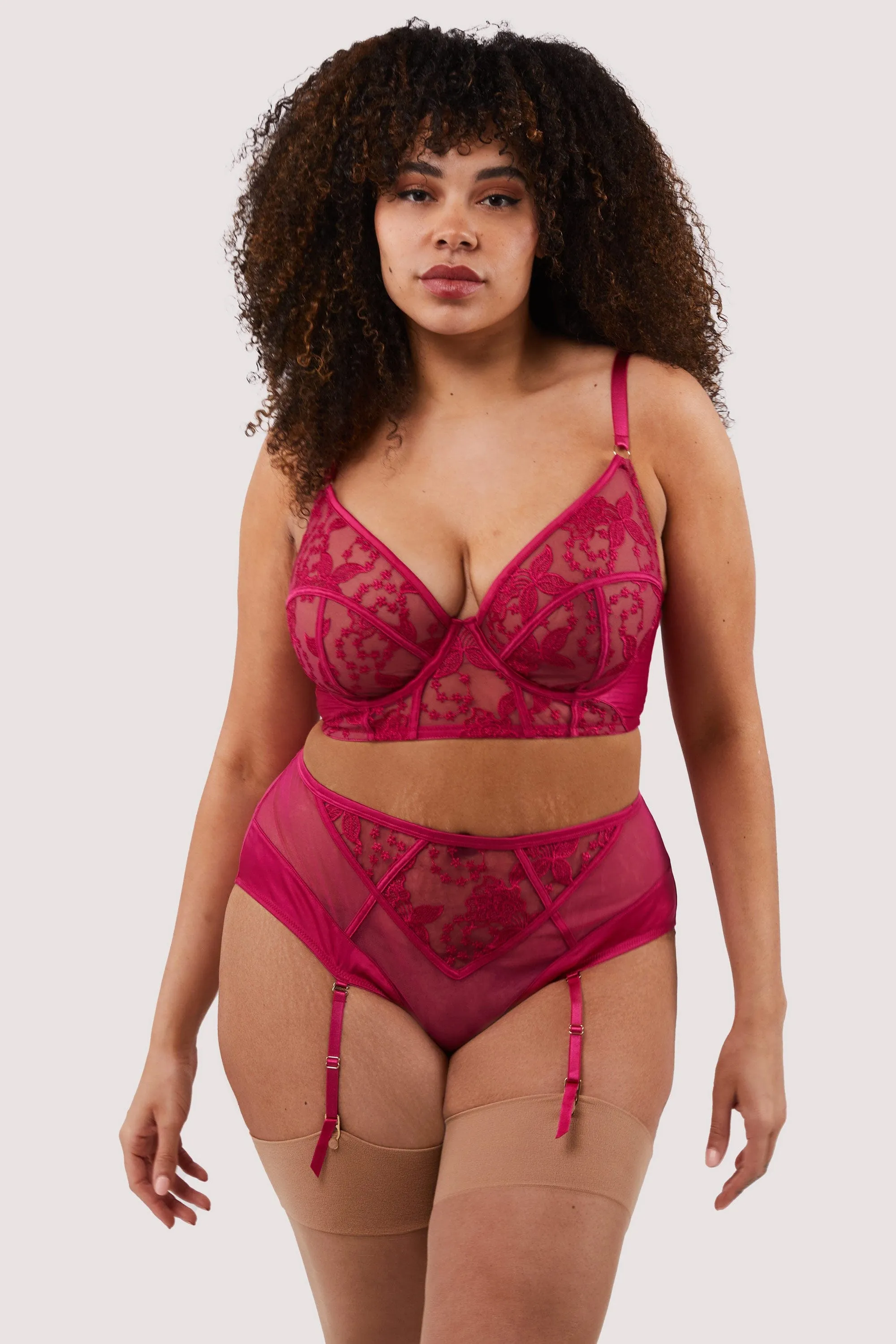 Lyra Pink Embroidered High Waisted Suspender Brief