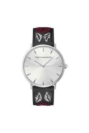 Major Silver Tone Embroidered Leather Watch, 40MM