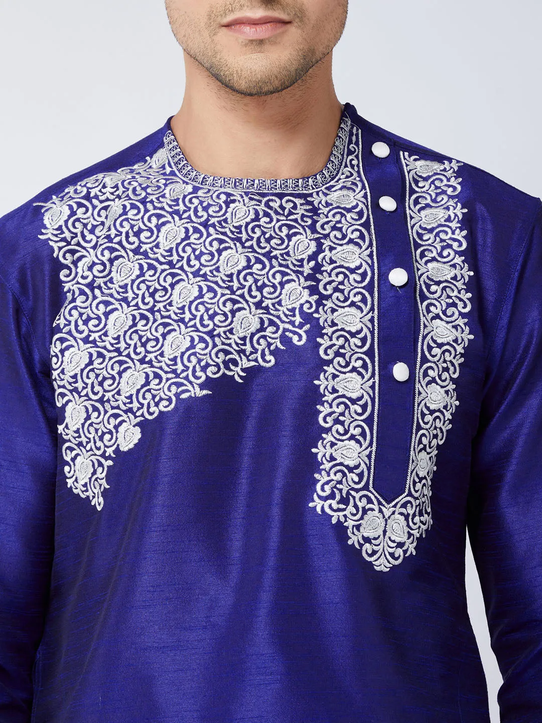 Men's Blue And White Silk Blend Kurta And Dhoti Set - Vastramay