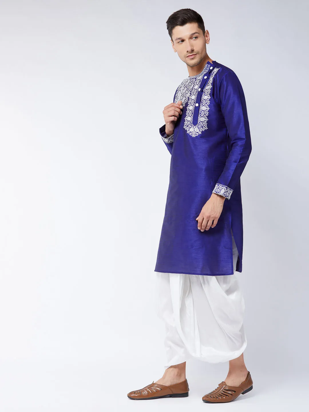 Men's Blue And White Silk Blend Kurta And Dhoti Set - Vastramay