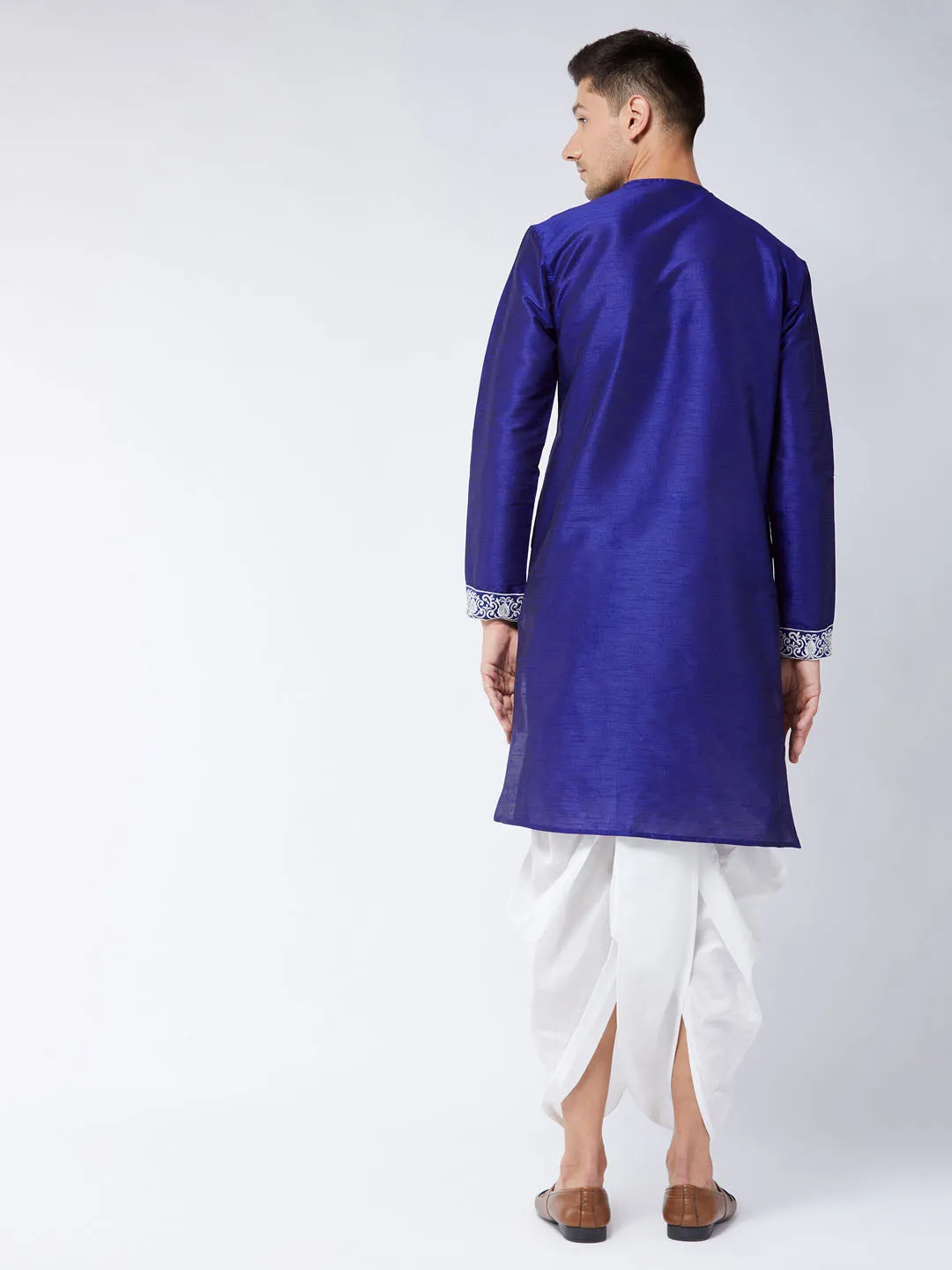 Men's Blue And White Silk Blend Kurta And Dhoti Set - Vastramay