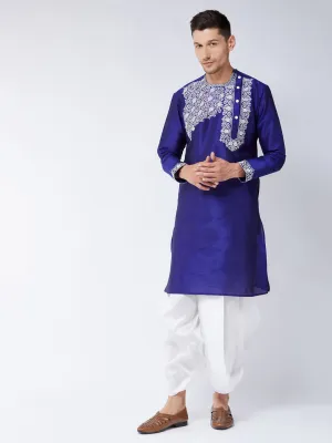 Men's Blue And White Silk Blend Kurta And Dhoti Set - Vastramay