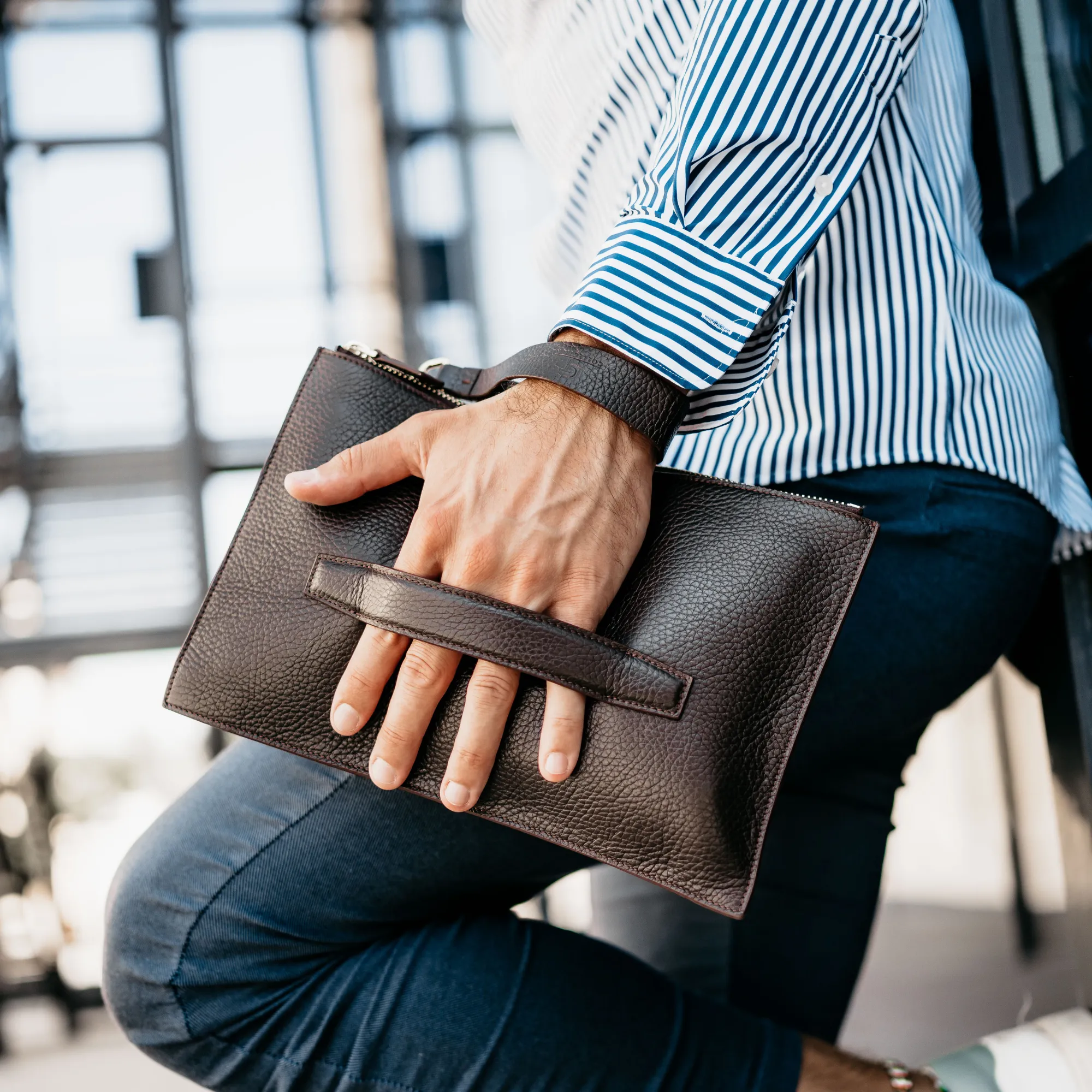 Men's Leather Hand Bag - Brown with golden details