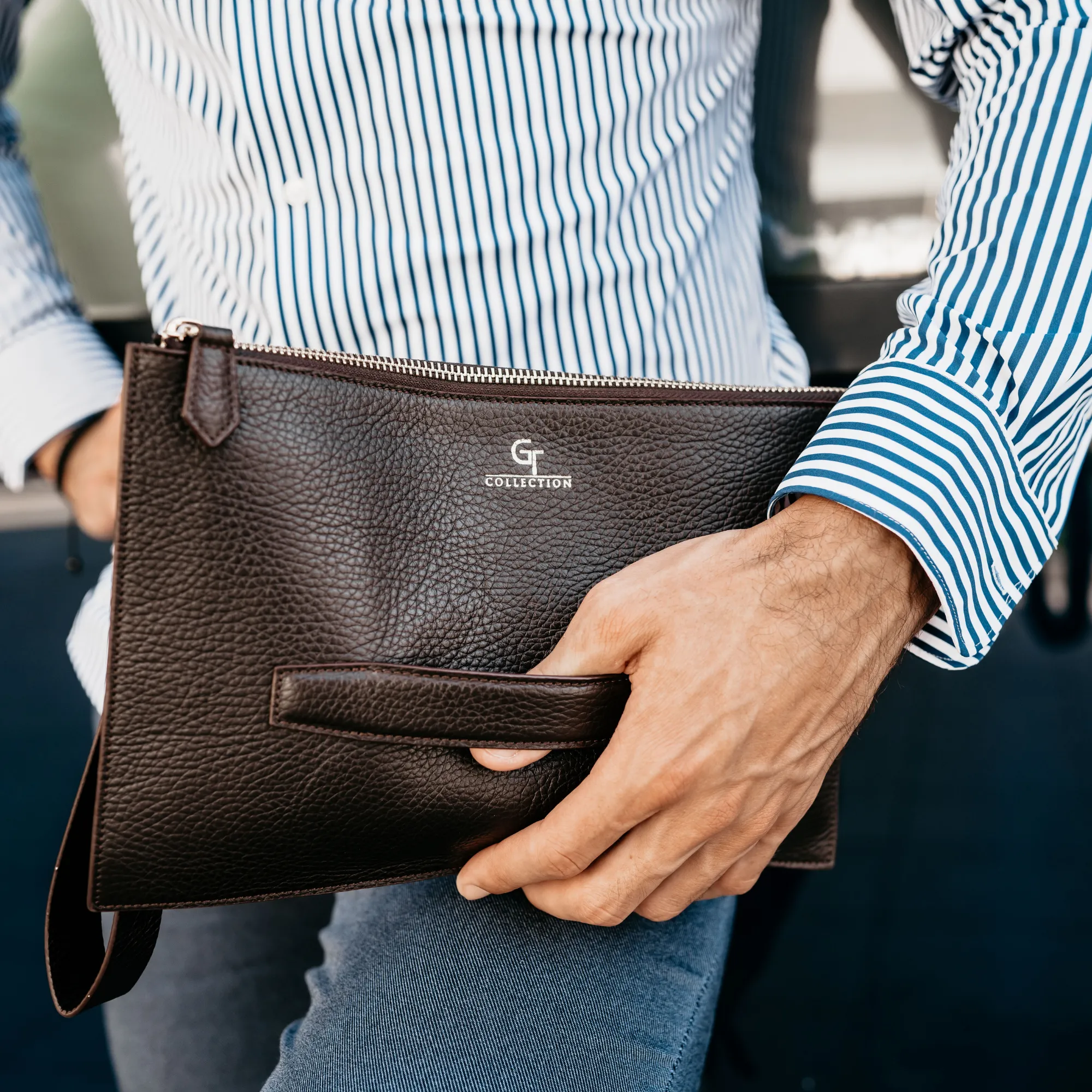 Men's Leather Hand Bag - Brown with golden details