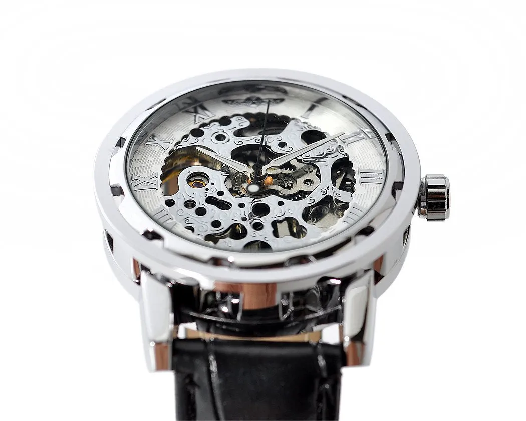 Men's PU Leather Skeleton Mechanical Sport Army Wrist Watch