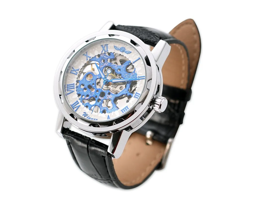 Men's PU Leather Skeleton Mechanical Sport Army Wrist Watch