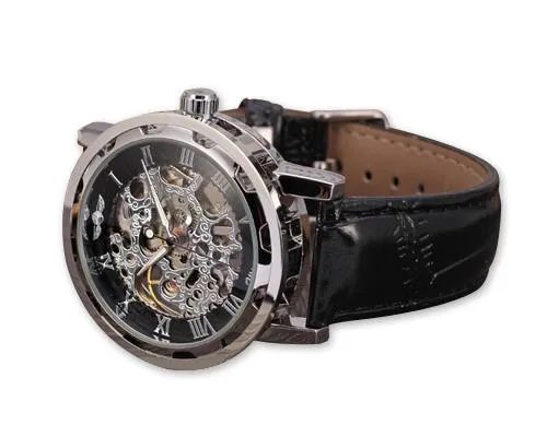 Men's PU Leather Skeleton Mechanical Sport Army Wrist Watch