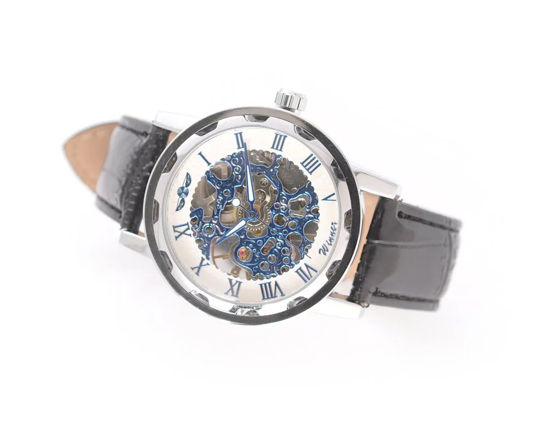 Men's PU Leather Skeleton Mechanical Sport Army Wrist Watch