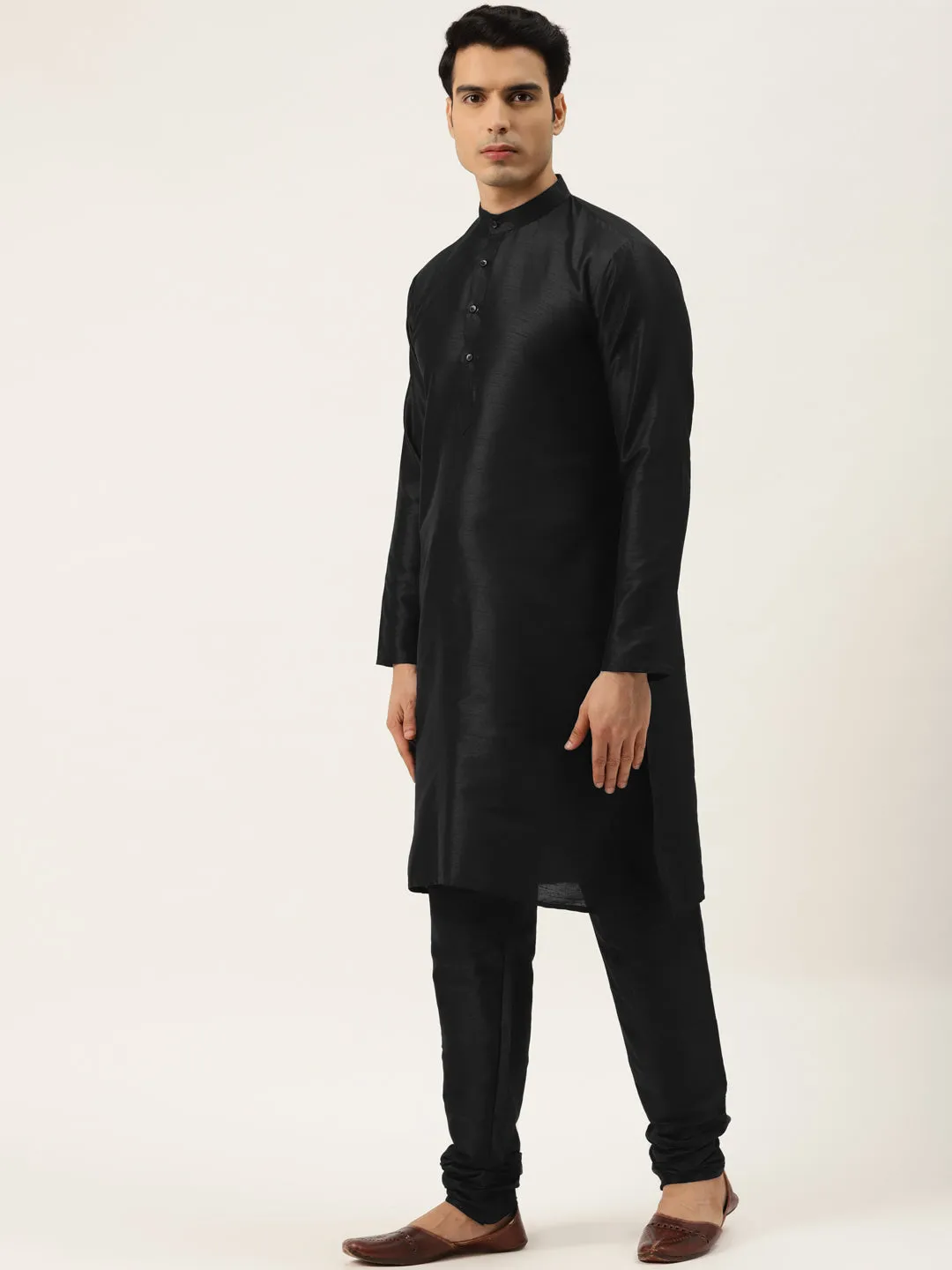 Men's Silk Blend Black Kurta Pyjama & Yellow Sherwani Set - Sojanya