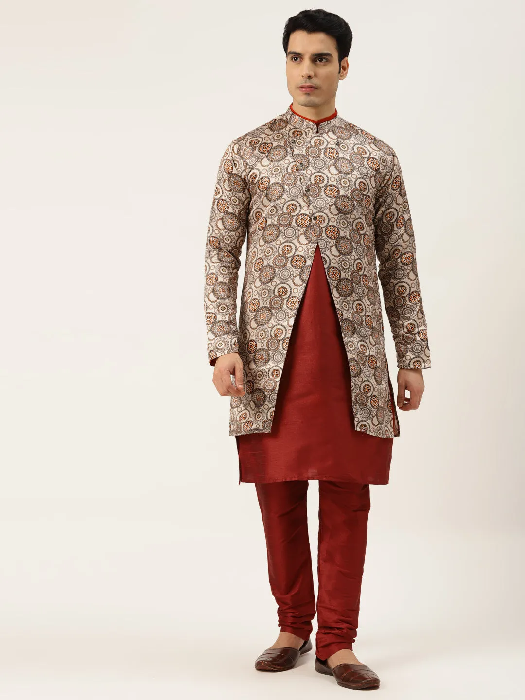 Men's Silk Blend Maroon Kurta Pyjama & Beige Sherwani Set - Sojanya