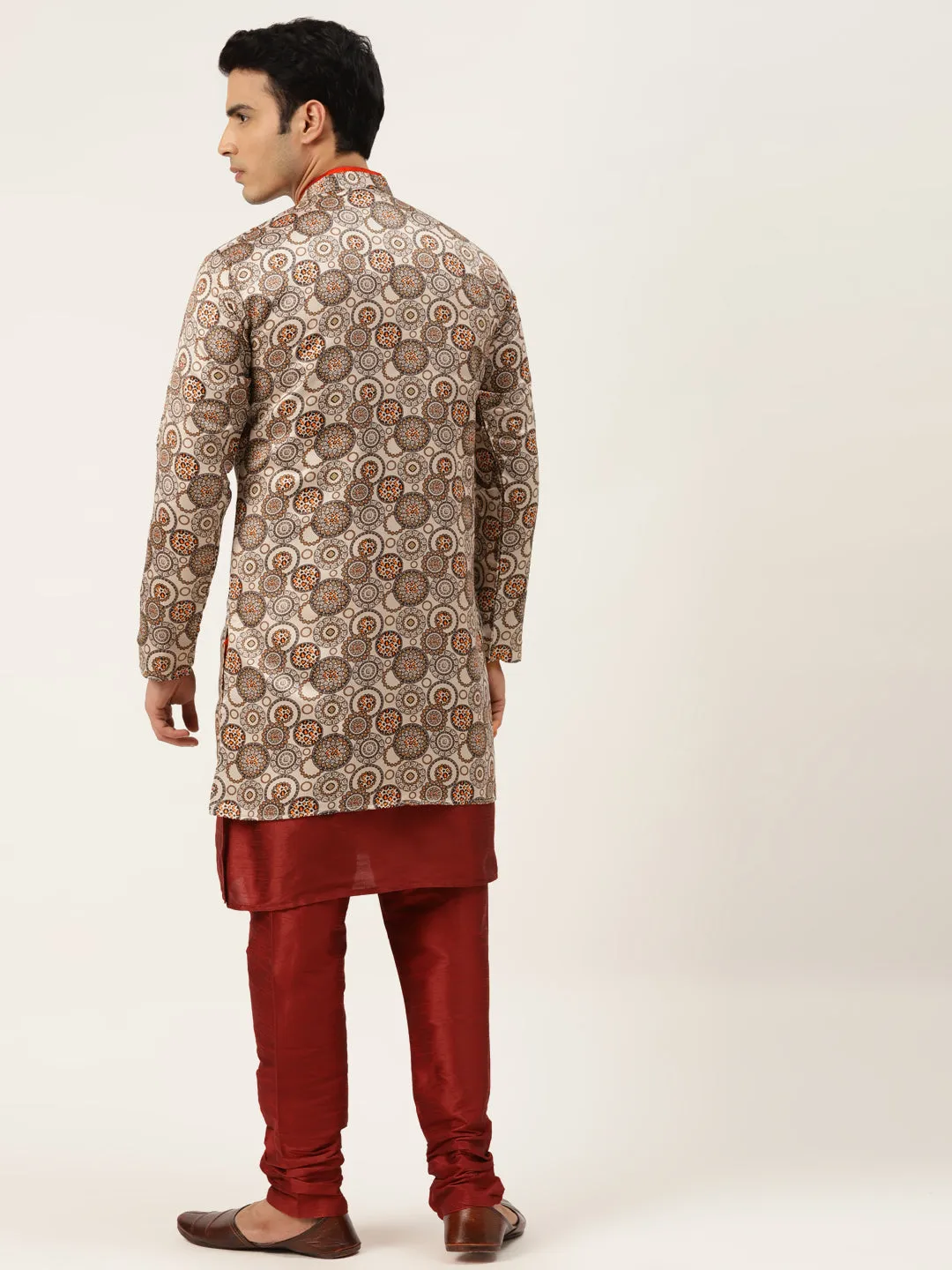 Men's Silk Blend Maroon Kurta Pyjama & Beige Sherwani Set - Sojanya