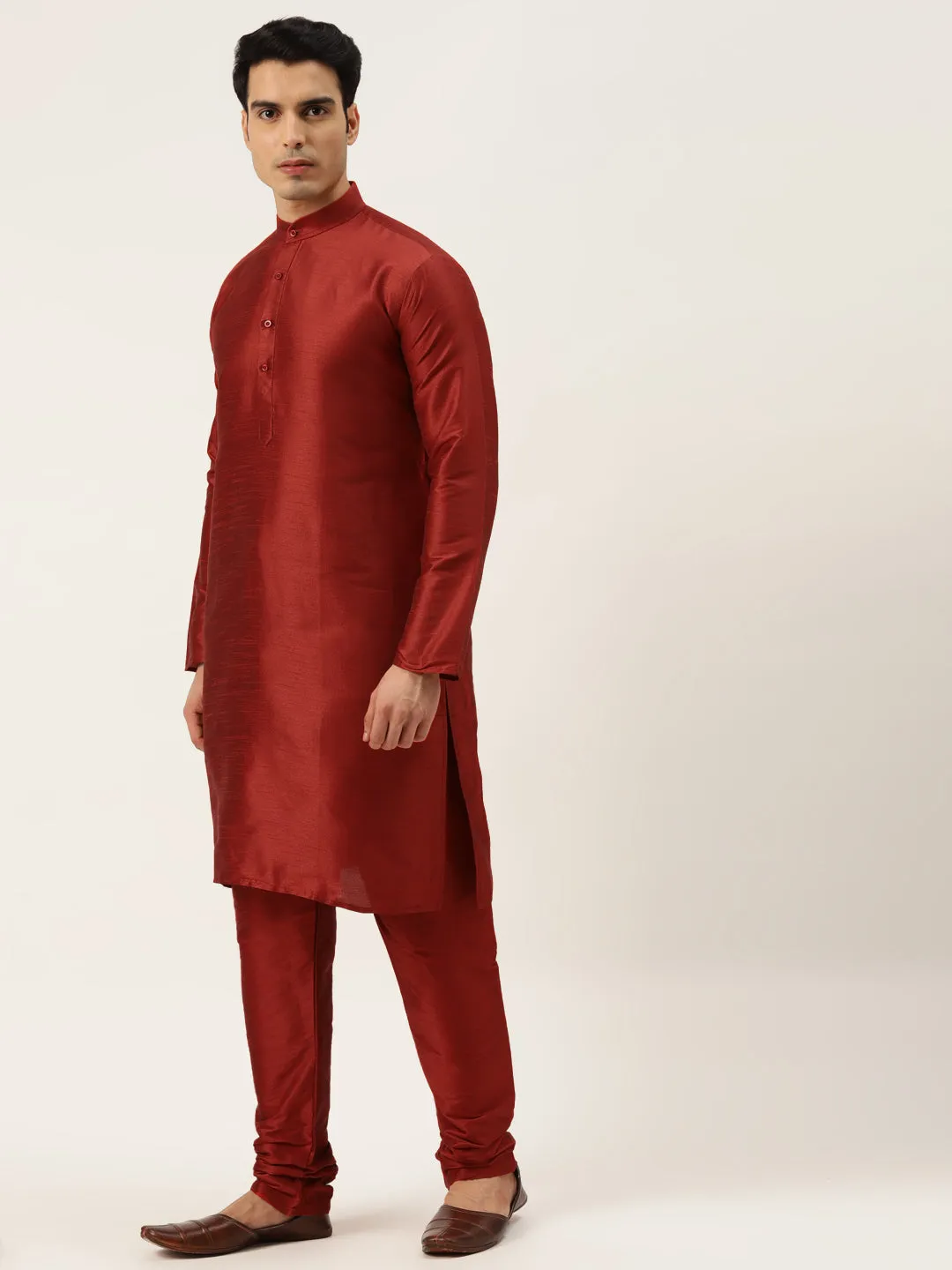 Men's Silk Blend Maroon Kurta Pyjama & Beige Sherwani Set - Sojanya