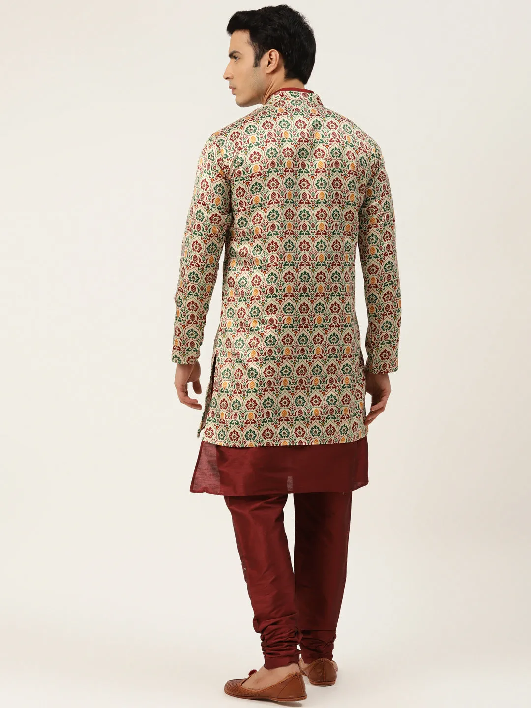 Men's Silk Blend Maroon Kurta Pyjama & Fawn Sherwani Set - Sojanya