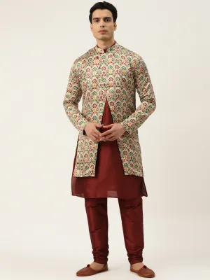 Men's Silk Blend Maroon Kurta Pyjama & Fawn Sherwani Set - Sojanya