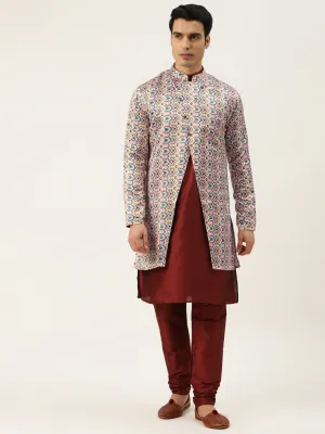 Men's Silk Blend Maroon Kurta Pyjama & White Sherwani Set - Sojanya