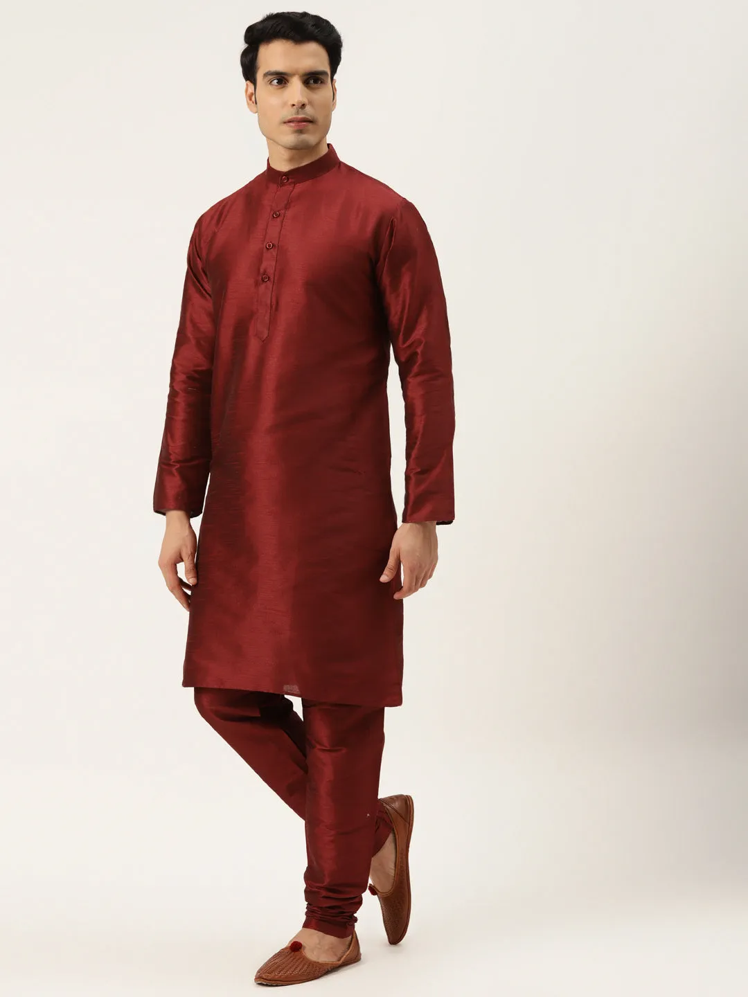 Men's Silk Blend Maroon Kurta Pyjama & White Sherwani Set - Sojanya