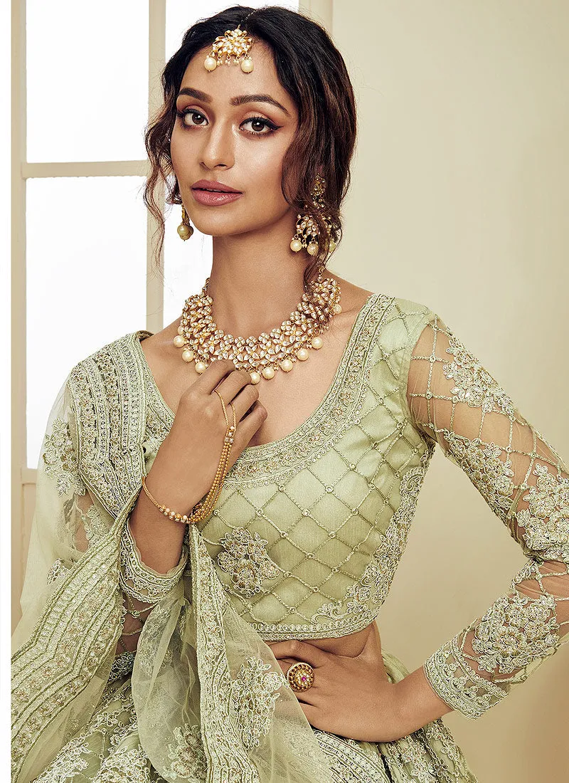 Mint Green Pearl Embroidered Wedding Lehenga Choli