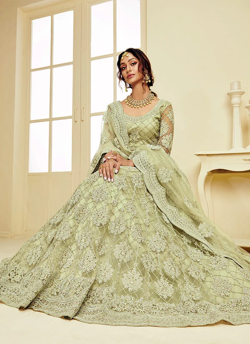 Mint Green Pearl Embroidered Wedding Lehenga Choli