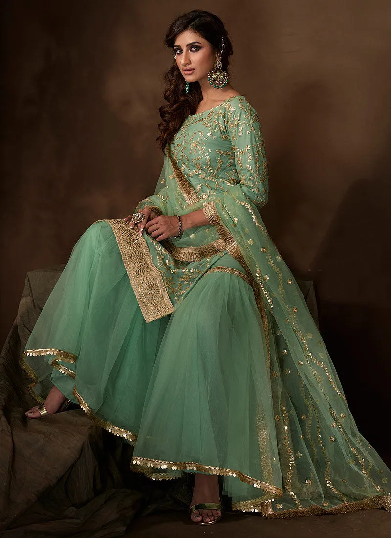 Mint Green Traditional Embroidered Gharara Suit